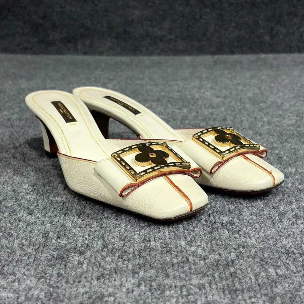 Louis Vuitton Shoes Womens 6 White Suhali Leather Flower Buckle Mule Kitten Heel